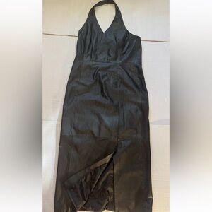 Elegant 90s Leather Halter Backless Dress Split in Front 14